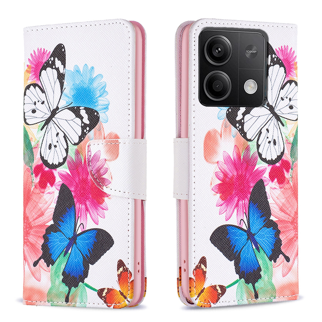 For Xiaomi Redmi Note 13 4G Pattern Leather Phone Case Wallet Cover - Two Butterflies