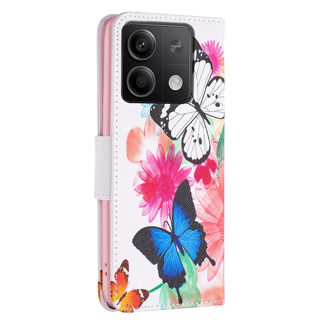 For Xiaomi Redmi Note 13 4G Pattern Leather Phone Case Wallet Cover - Two Butterflies