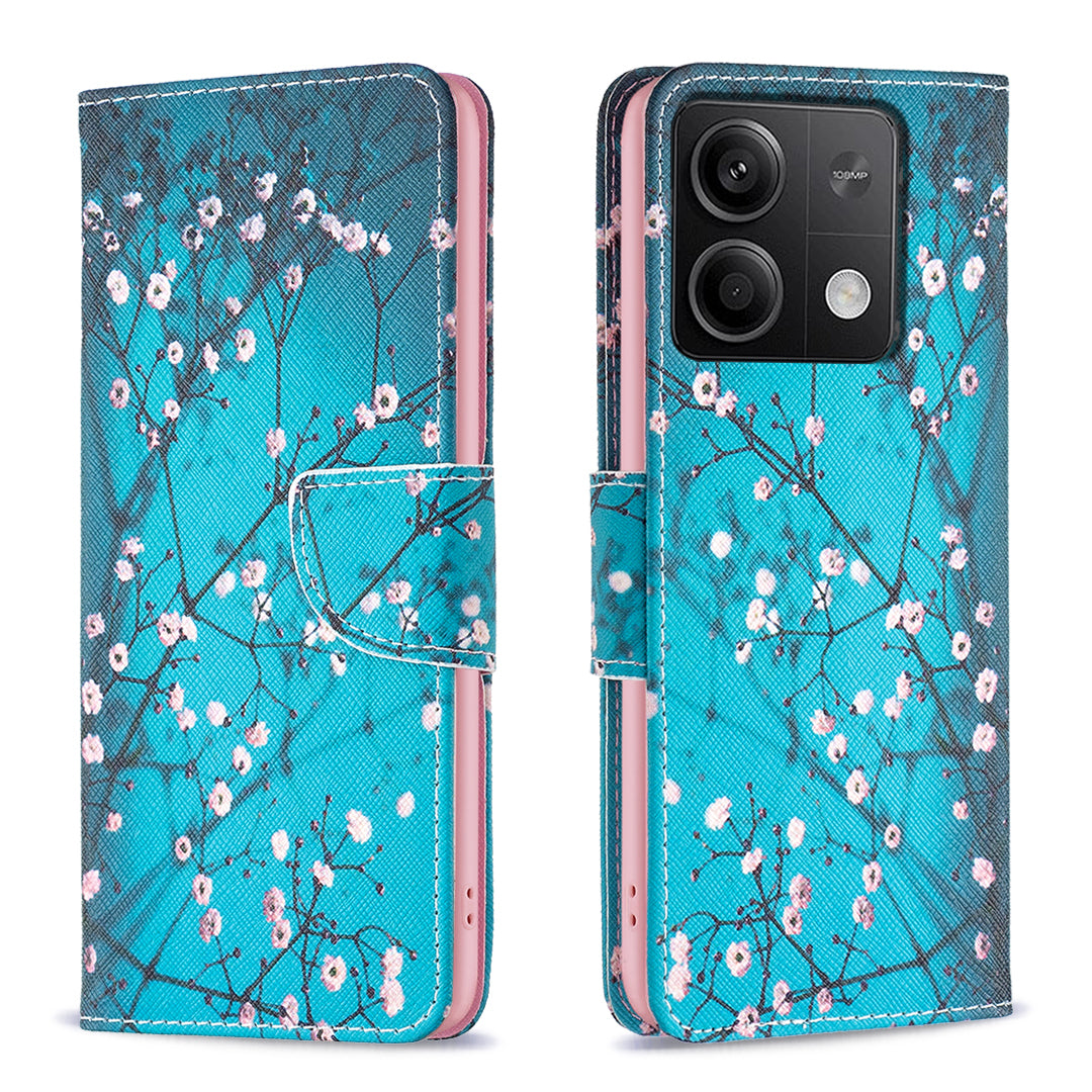 For Xiaomi Redmi Note 13 4G Pattern Leather Phone Case Wallet Cover - Plum Blossom