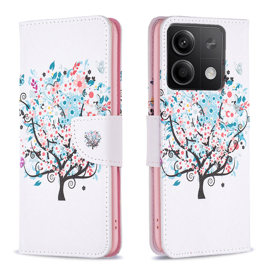 For Xiaomi Redmi Note 13 4G Pattern Leather Phone Case Wallet Cover - Flower Tree