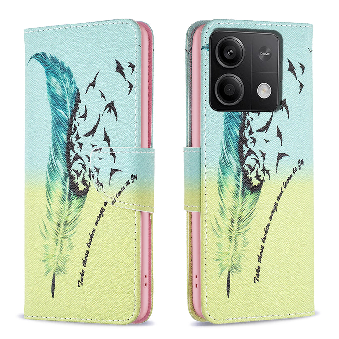 For Xiaomi Redmi Note 13 4G Pattern Leather Phone Case Wallet Cover - Feather and Birds