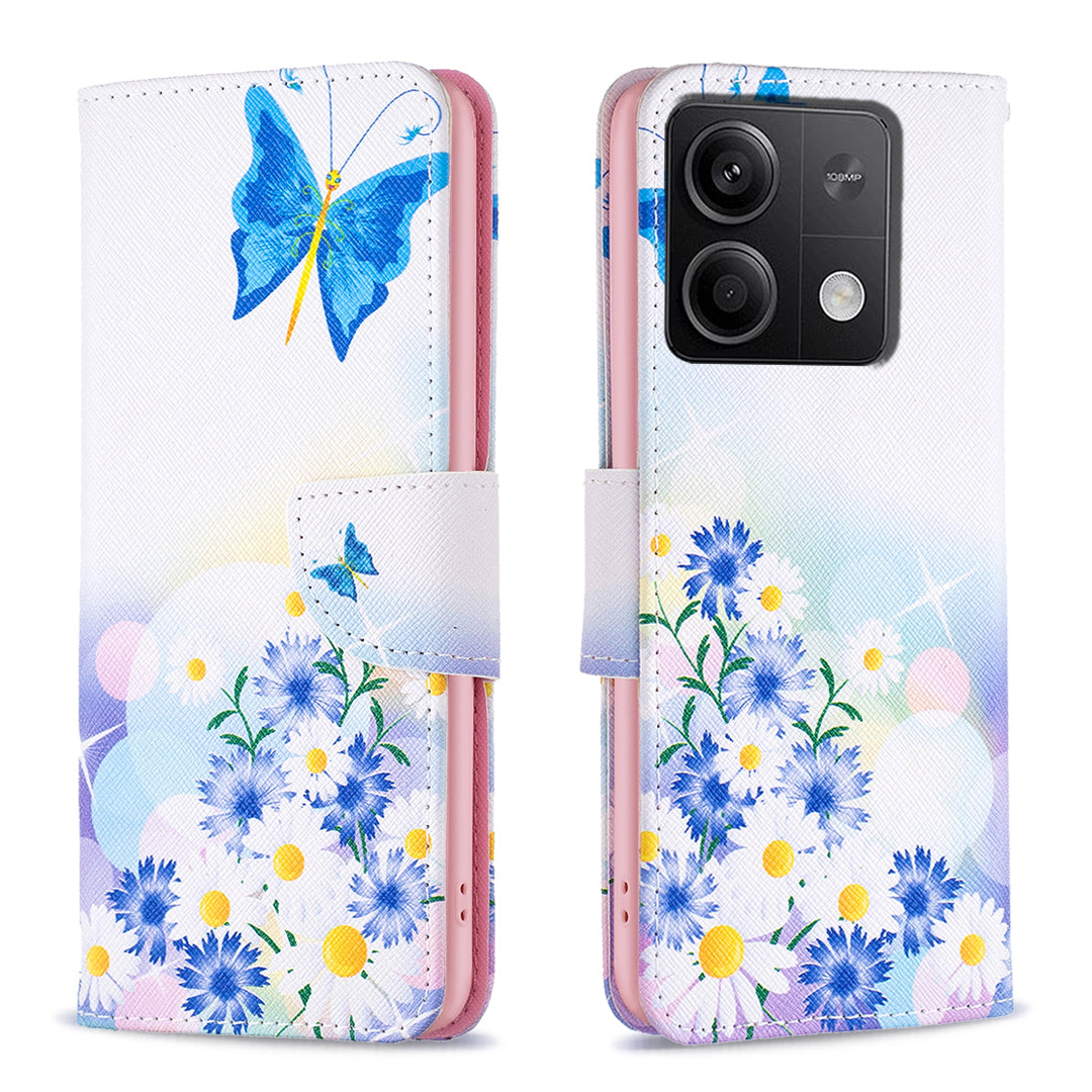 For Xiaomi Redmi Note 13 4G Pattern Leather Phone Case Wallet Cover - Butterfly and Flowers