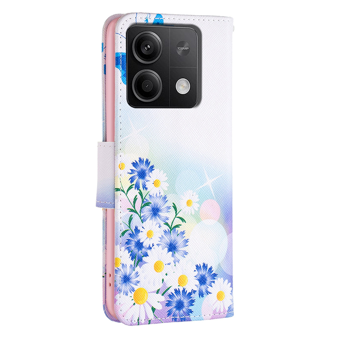For Xiaomi Redmi Note 13 4G Pattern Leather Phone Case Wallet Cover - Butterfly and Flowers