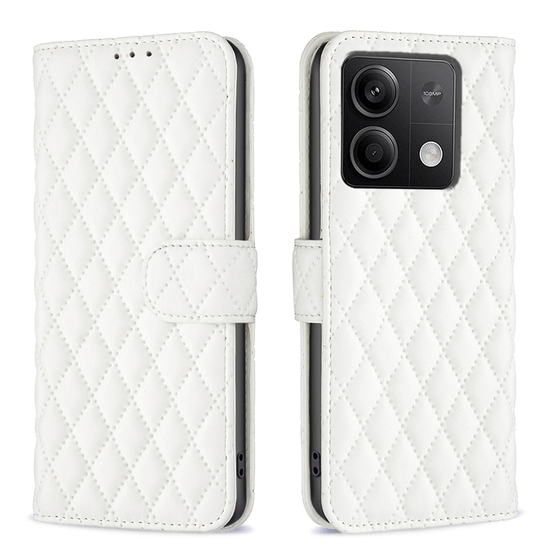 BINFEN COLOR BF Style-14 For Xiaomi Redmi Note 13 4G Leather Case Rhombus Grid Phone Cover Folding Stand - White