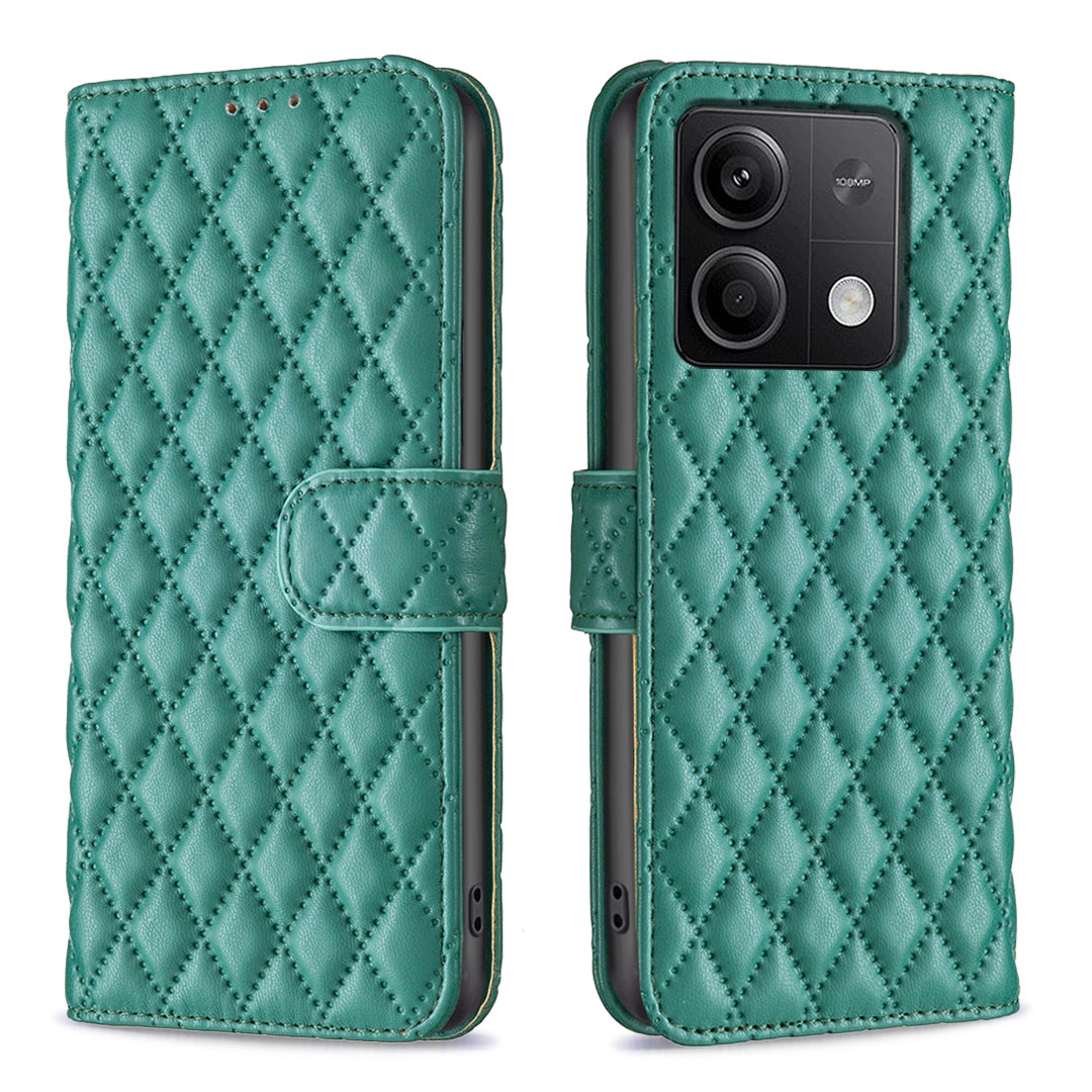 BINFEN COLOR BF Style-14 For Xiaomi Redmi Note 13 4G Leather Case Rhombus Grid Phone Cover Folding Stand - Green