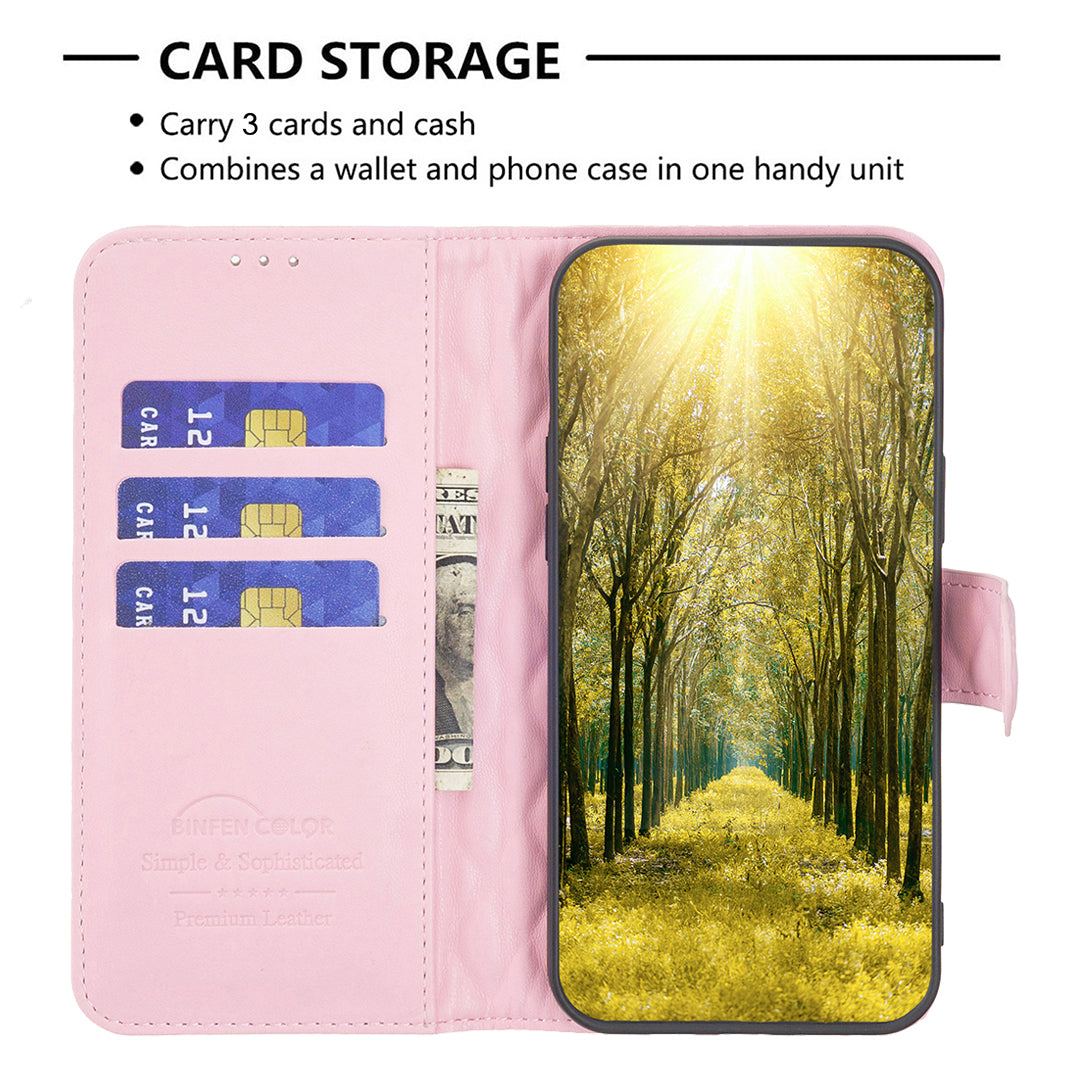 BINFEN COLOR BF Style-14 For Xiaomi Redmi Note 13 4G Leather Case Rhombus Grid Phone Cover Folding Stand - Pink