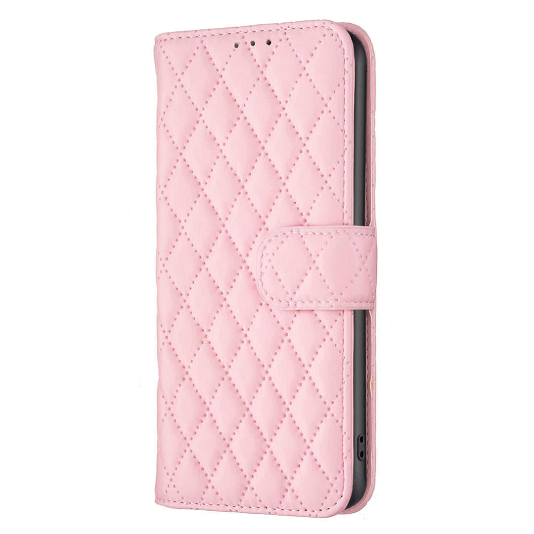 BINFEN COLOR BF Style-14 For Xiaomi Redmi Note 13 4G Leather Case Rhombus Grid Phone Cover Folding Stand - Pink
