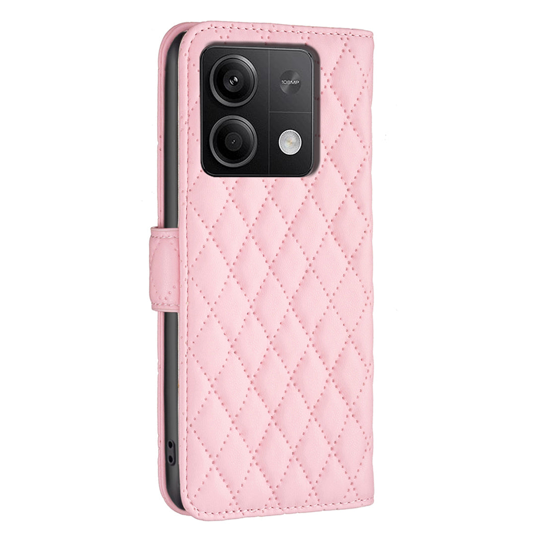 BINFEN COLOR BF Style-14 For Xiaomi Redmi Note 13 4G Leather Case Rhombus Grid Phone Cover Folding Stand - Pink