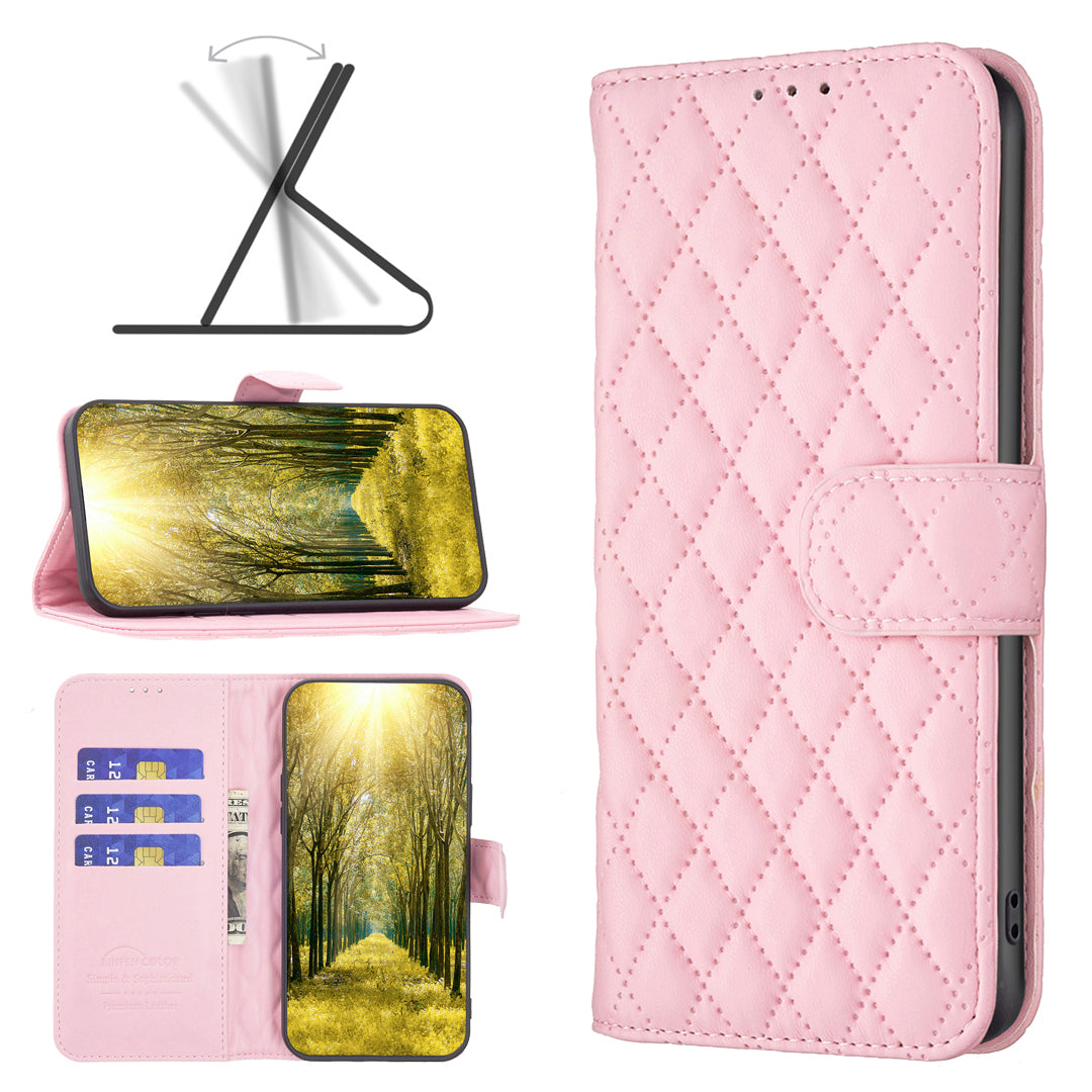 BINFEN COLOR BF Style-14 For Xiaomi Redmi Note 13 4G Leather Case Rhombus Grid Phone Cover Folding Stand - Pink