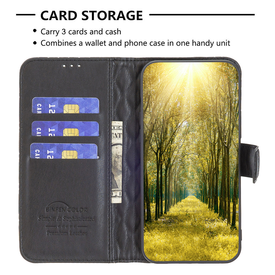 BINFEN COLOR BF Style-14 For Xiaomi Redmi Note 13 4G Leather Case Rhombus Grid Phone Cover Folding Stand - Black