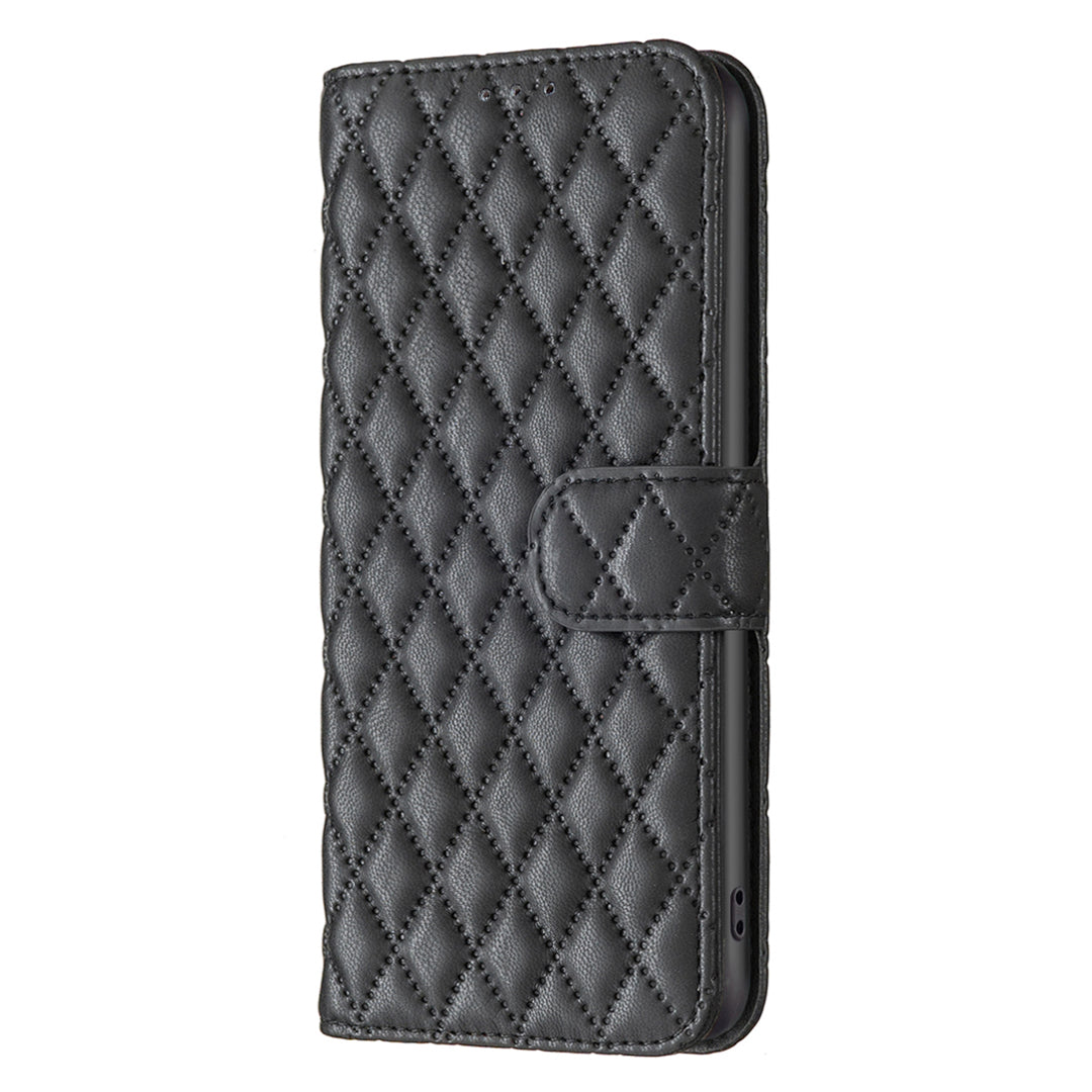 BINFEN COLOR BF Style-14 For Xiaomi Redmi Note 13 4G Leather Case Rhombus Grid Phone Cover Folding Stand - Black