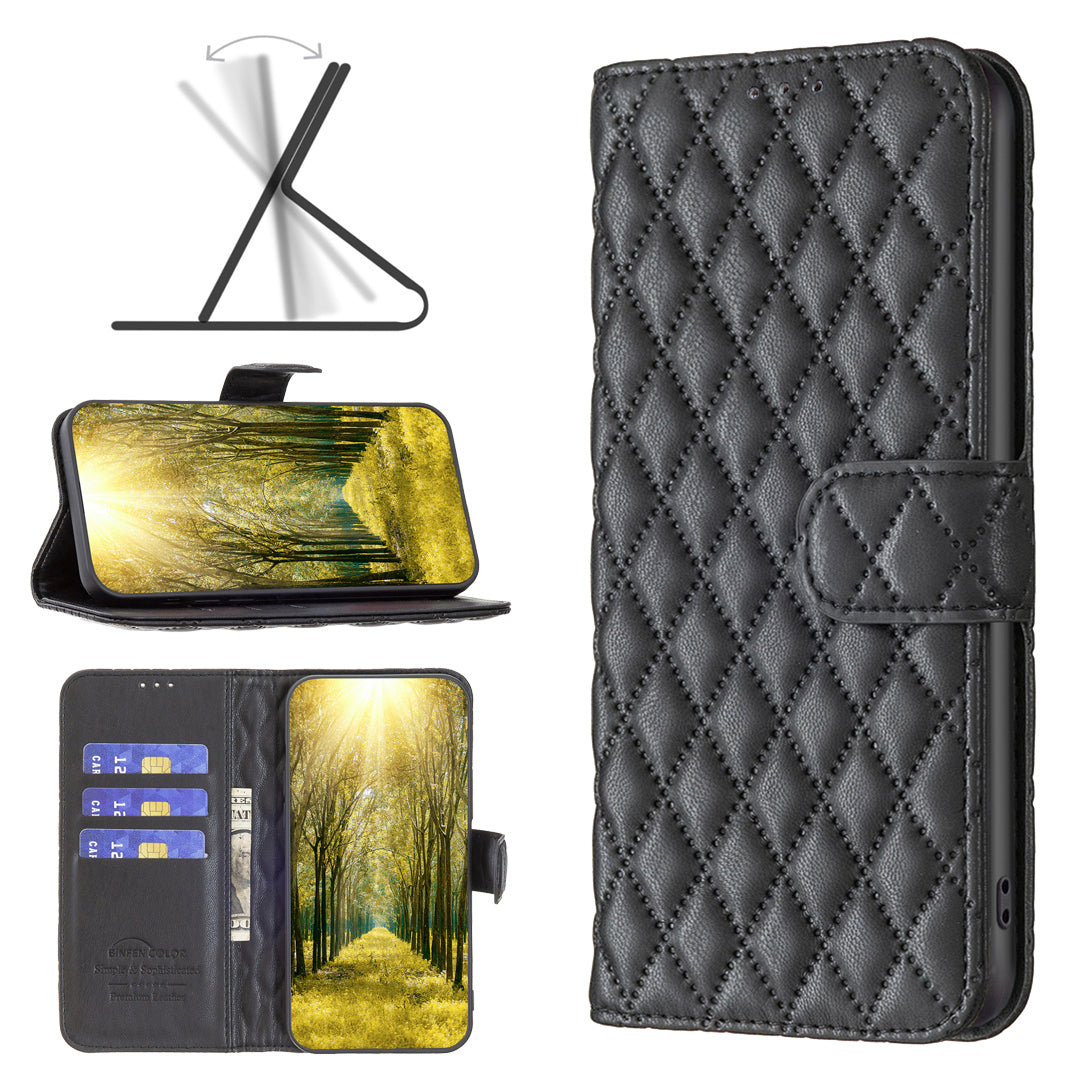 BINFEN COLOR BF Style-14 For Xiaomi Redmi Note 13 4G Leather Case Rhombus Grid Phone Cover Folding Stand - Black