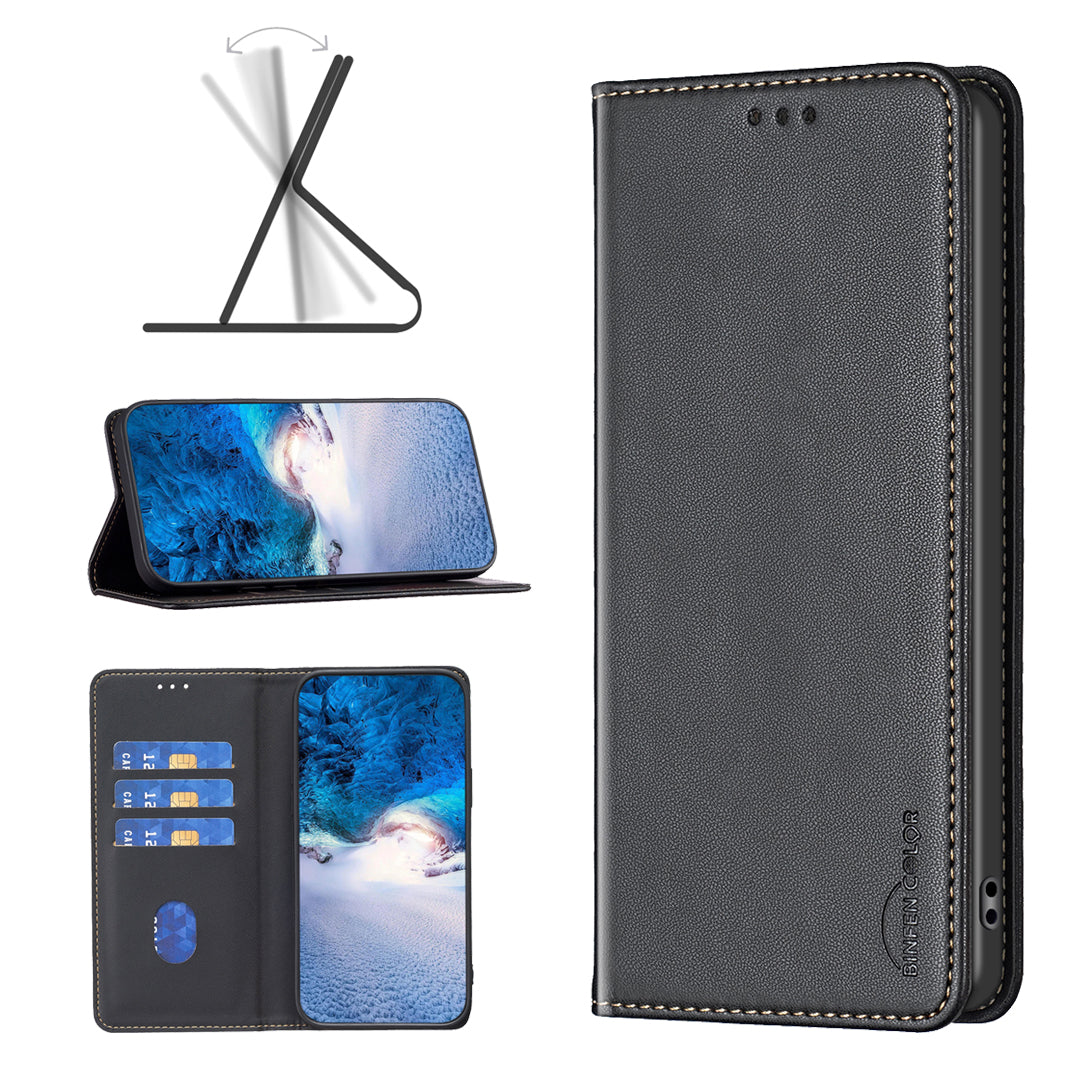 BINFEN COLOR BF18 For Xiaomi Redmi Note 13 4G Phone Case Card Holder Cover Magnetic Absorption - Black