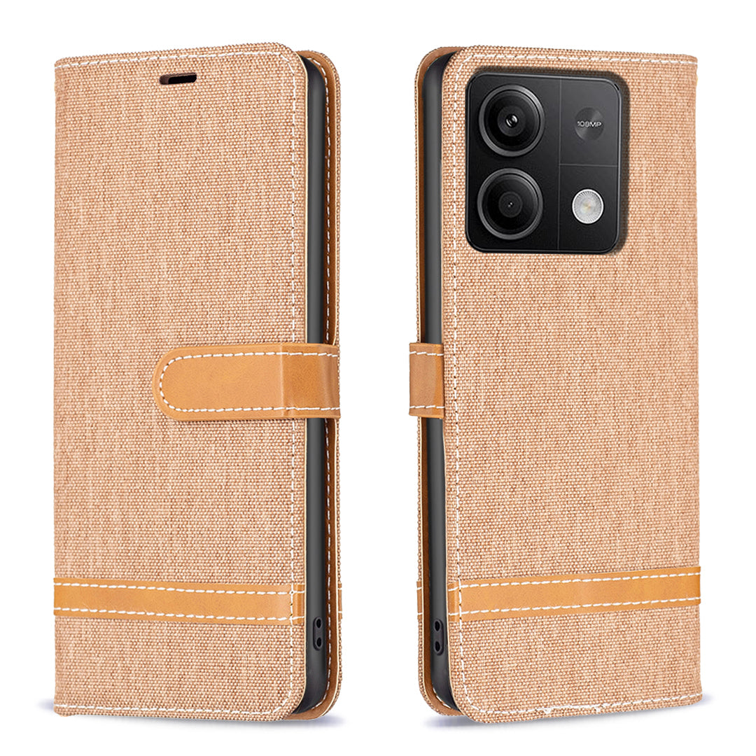 For Xiaomi Redmi Note 13 4G Phone Case Jeans Cloth Splicing Stand Wallet Cover - Brown