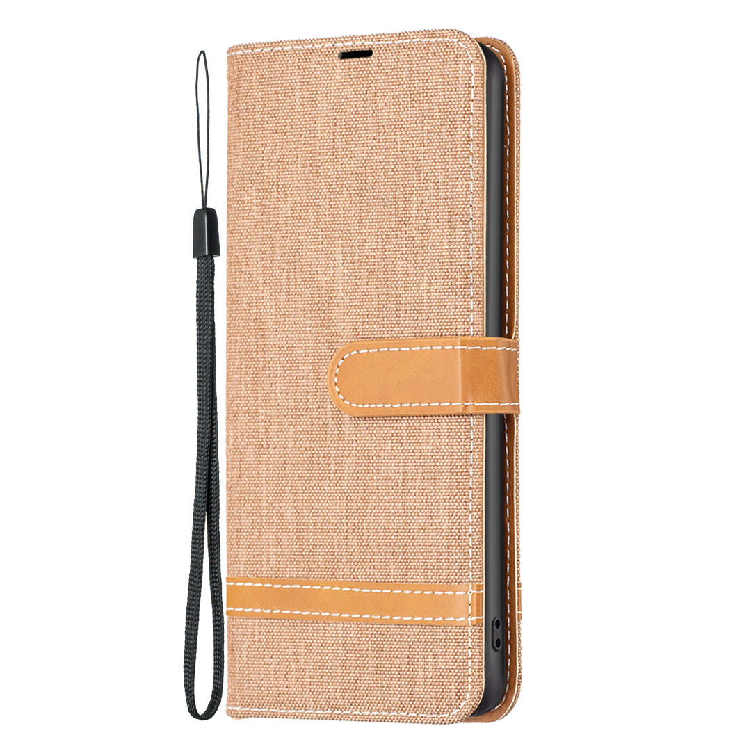 For Xiaomi Redmi Note 13 4G Phone Case Jeans Cloth Splicing Stand Wallet Cover - Brown