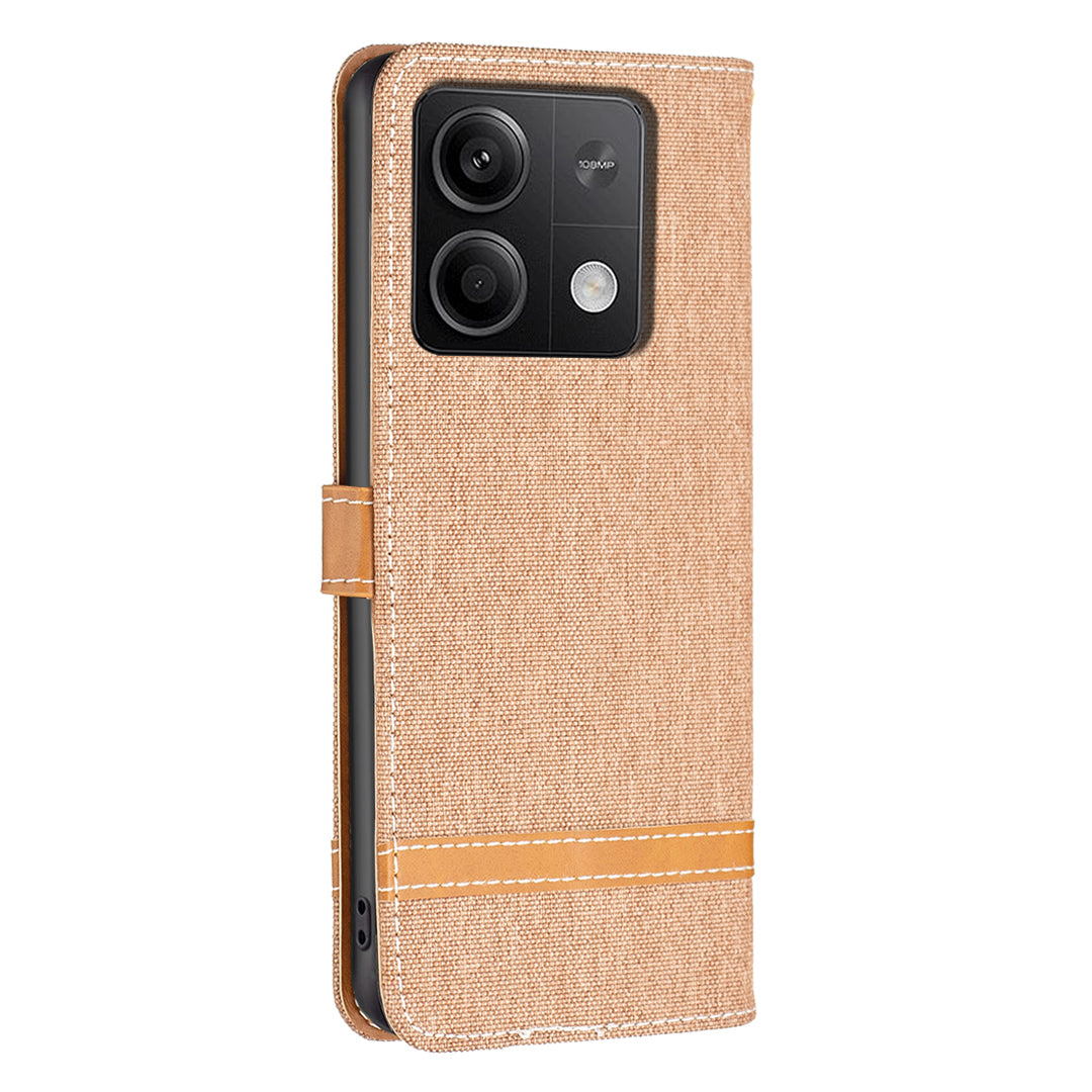 For Xiaomi Redmi Note 13 4G Phone Case Jeans Cloth Splicing Stand Wallet Cover - Brown