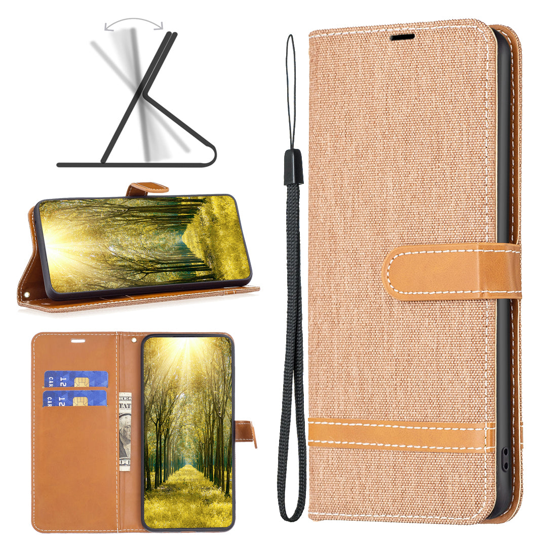 For Xiaomi Redmi Note 13 4G Phone Case Jeans Cloth Splicing Stand Wallet Cover - Brown