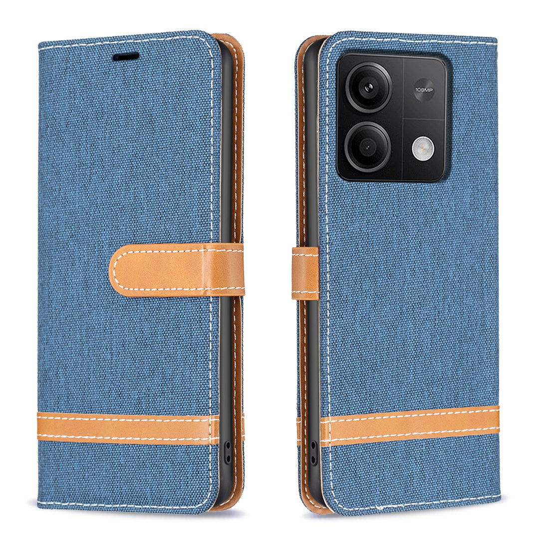 For Xiaomi Redmi Note 13 4G Phone Case Jeans Cloth Splicing Stand Wallet Cover - Navy Blue