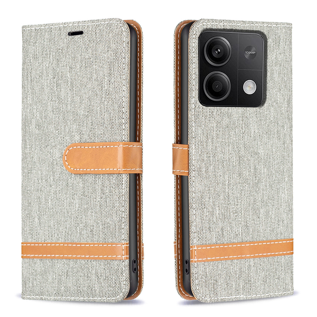 For Xiaomi Redmi Note 13 4G Phone Case Jeans Cloth Splicing Stand Wallet Cover - Grey