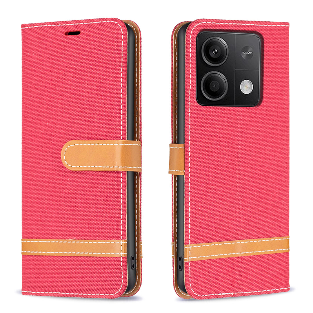 For Xiaomi Redmi Note 13 4G Phone Case Jeans Cloth Splicing Stand Wallet Cover - Red