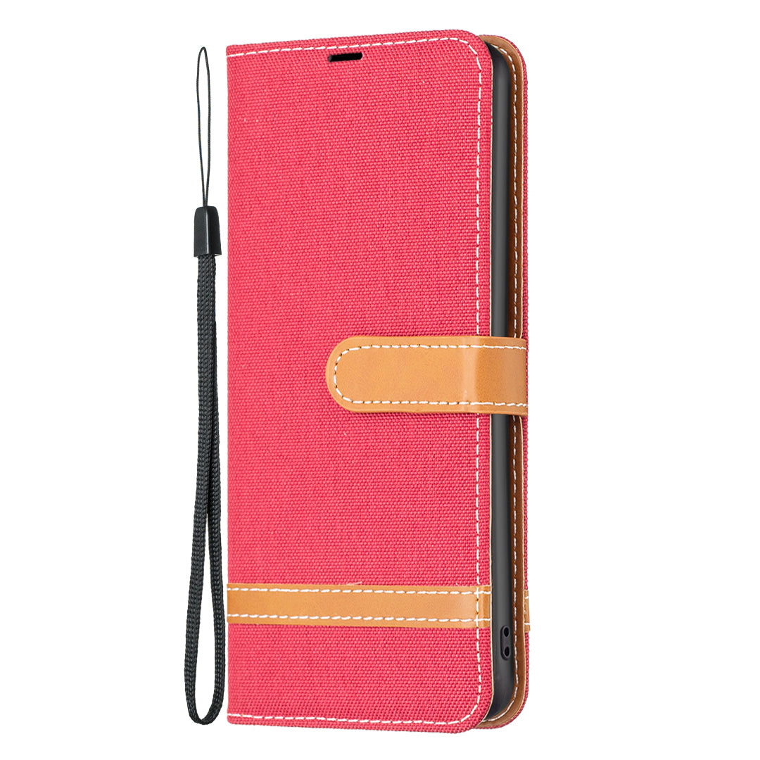 For Xiaomi Redmi Note 13 4G Phone Case Jeans Cloth Splicing Stand Wallet Cover - Red