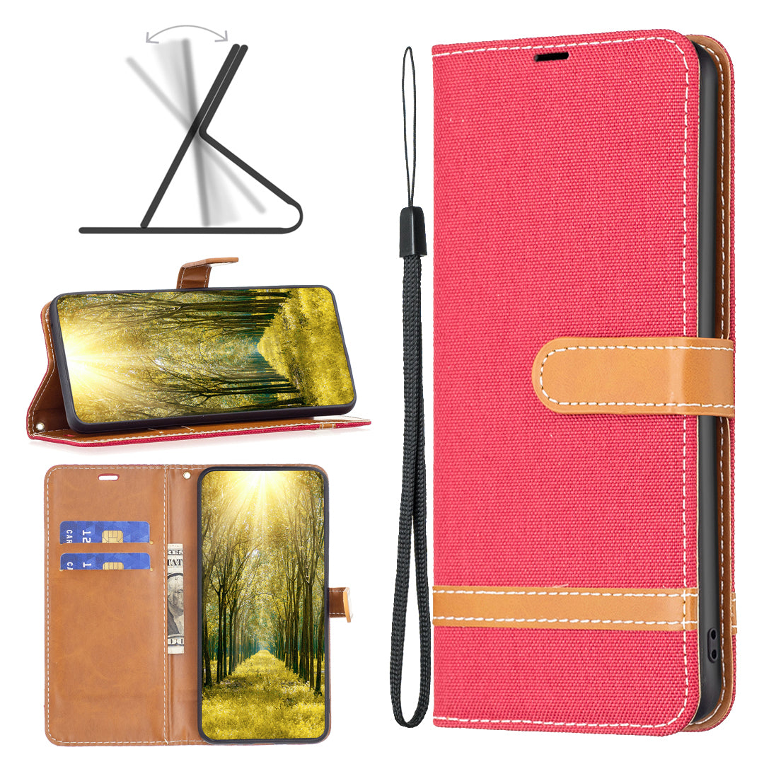 For Xiaomi Redmi Note 13 4G Phone Case Jeans Cloth Splicing Stand Wallet Cover - Red