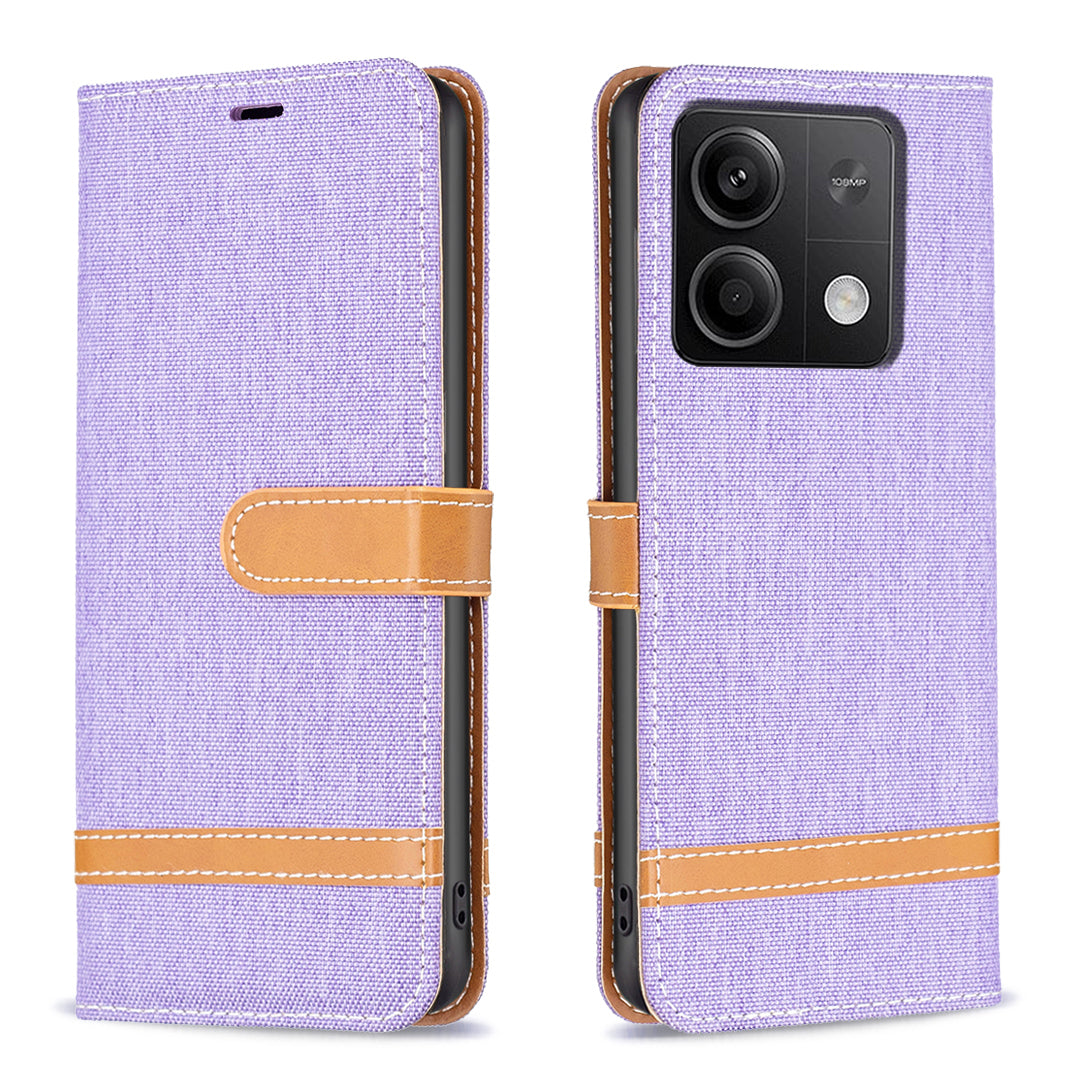 For Xiaomi Redmi Note 13 4G Phone Case Jeans Cloth Splicing Stand Wallet Cover - Purple