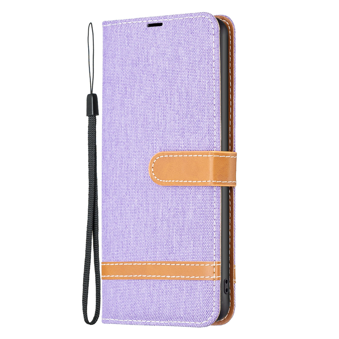 For Xiaomi Redmi Note 13 4G Phone Case Jeans Cloth Splicing Stand Wallet Cover - Purple