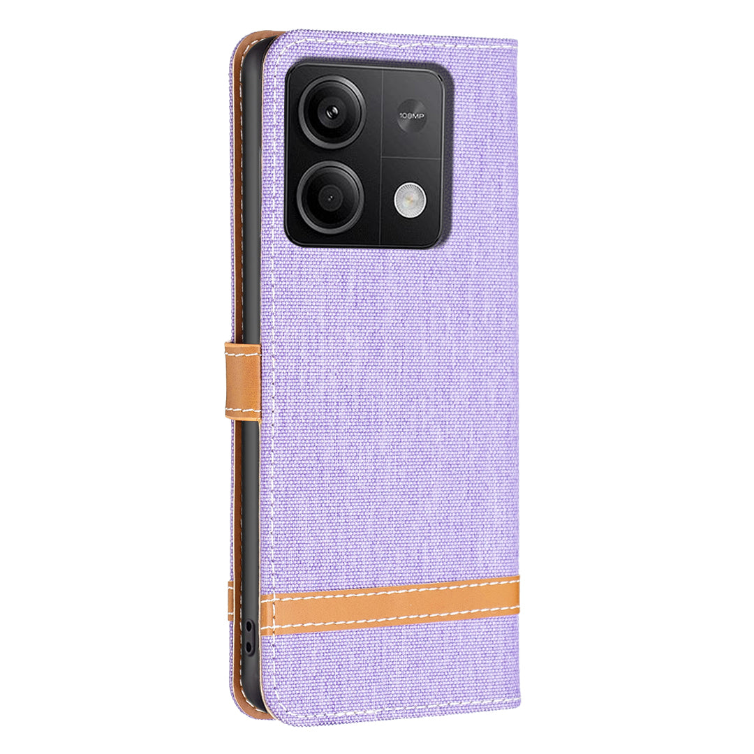 For Xiaomi Redmi Note 13 4G Phone Case Jeans Cloth Splicing Stand Wallet Cover - Purple