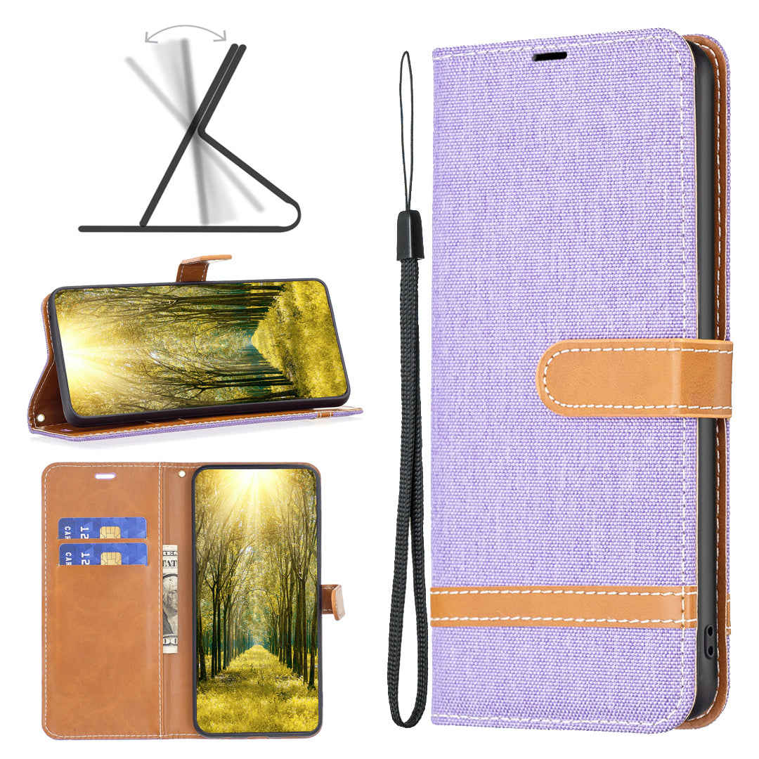 For Xiaomi Redmi Note 13 4G Phone Case Jeans Cloth Splicing Stand Wallet Cover - Purple