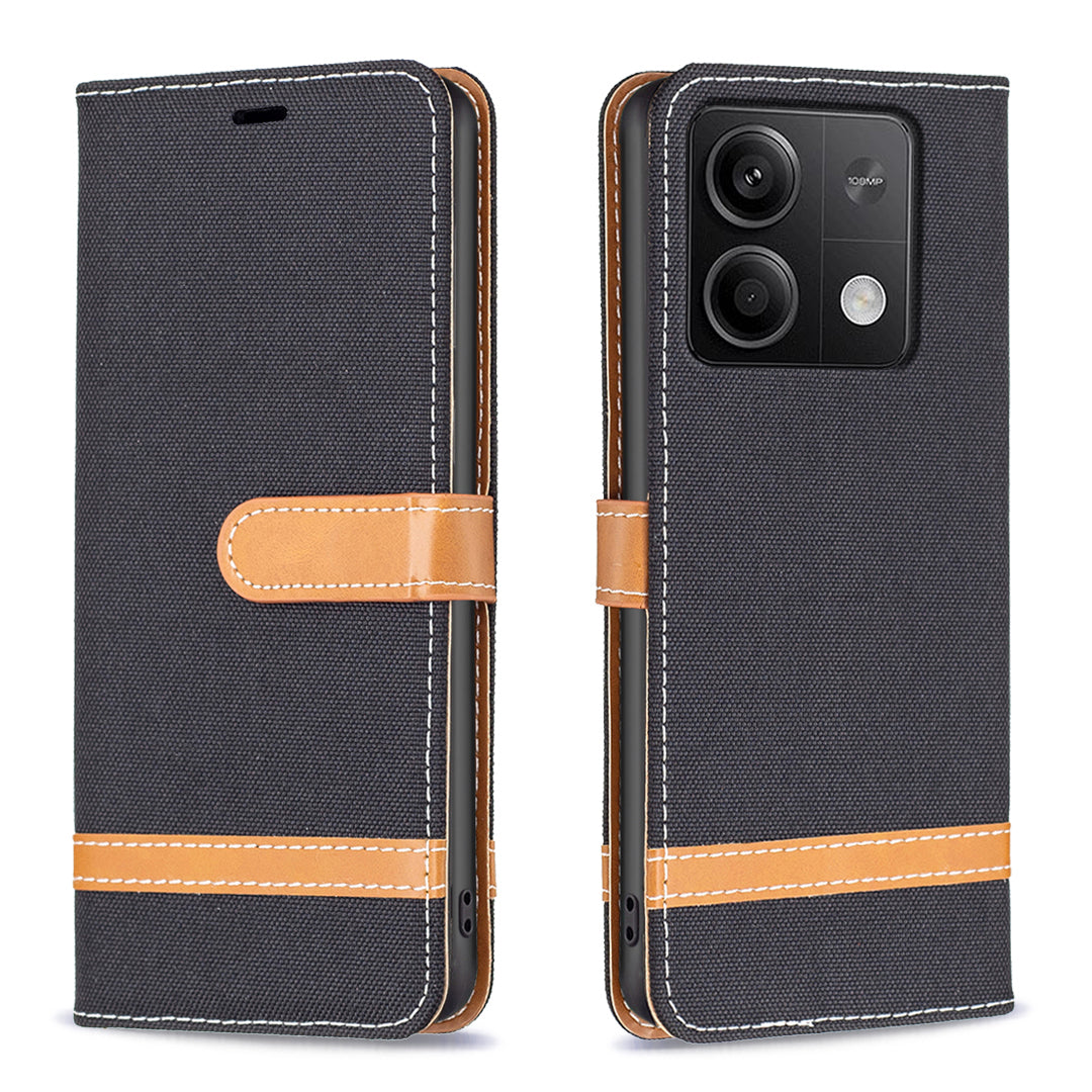 For Xiaomi Redmi Note 13 4G Phone Case Jeans Cloth Splicing Stand Wallet Cover - Black