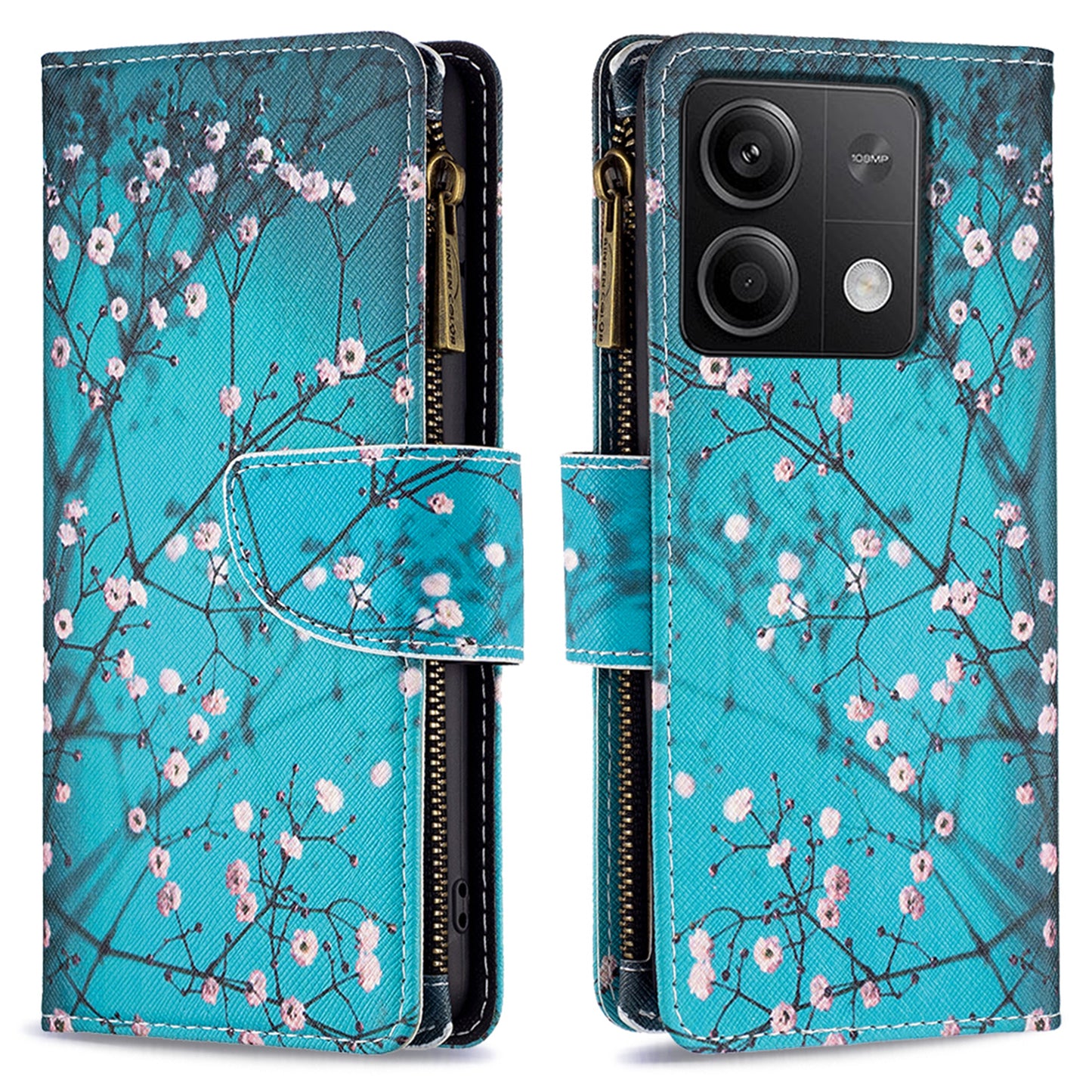 BF03 For Xiaomi Redmi Note 13 4G Zipper Leather Flip Cover Pattern Printed Phone Case Handbag - Plum Blossom