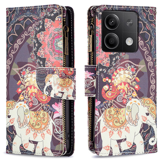 BF03 For Xiaomi Redmi Note 13 4G Zipper Leather Flip Cover Pattern Printed Phone Case Handbag - Flowers and Elephant
