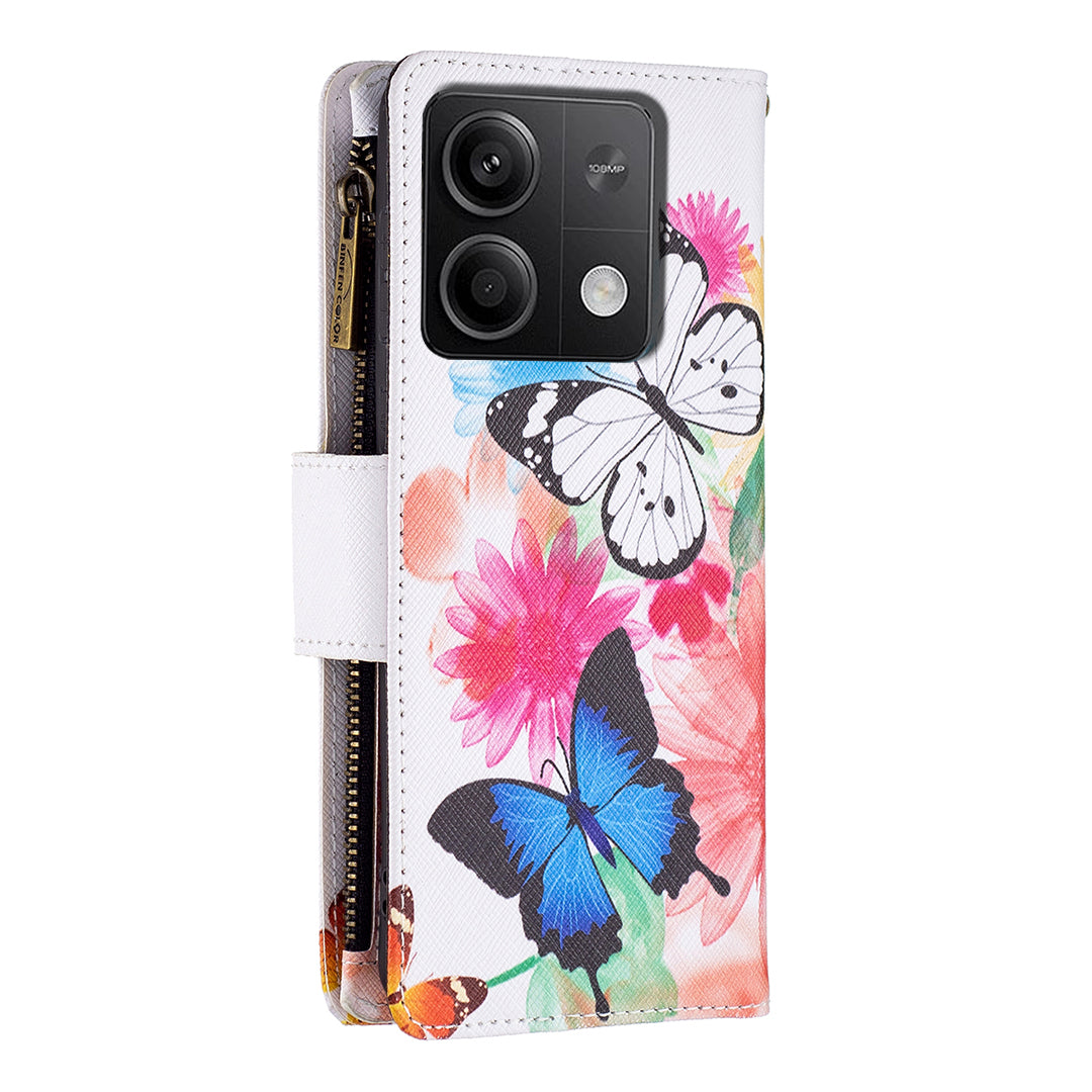 BF03 For Xiaomi Redmi Note 13 4G Zipper Leather Flip Cover Pattern Printed Phone Case Handbag - Two Butterflies
