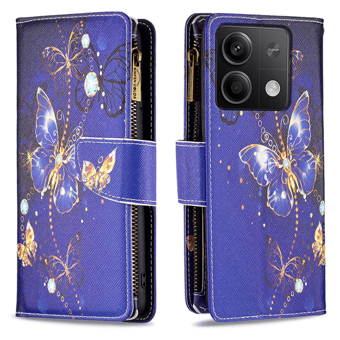 BF03 For Xiaomi Redmi Note 13 4G Zipper Leather Flip Cover Pattern Printed Phone Case Handbag - Purple Butterflies