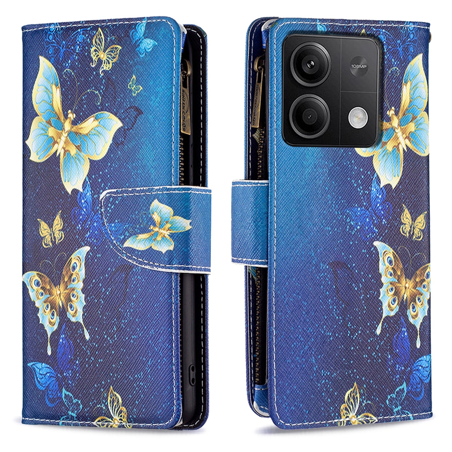 BF03 For Xiaomi Redmi Note 13 4G Zipper Leather Flip Cover Pattern Printed Phone Case Handbag - Golden Butterflies