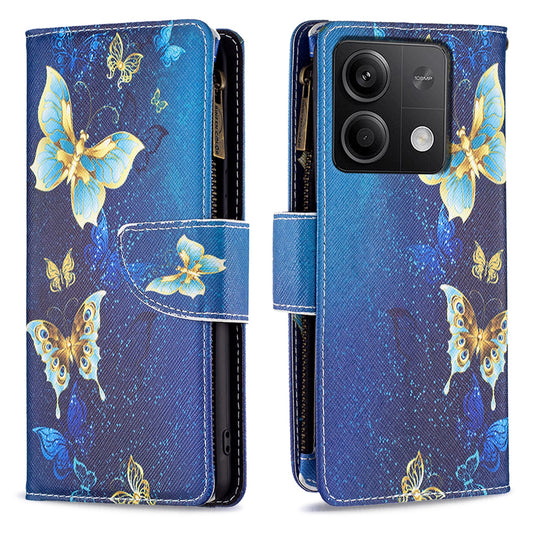 BF03 For Xiaomi Redmi Note 13 4G Zipper Leather Flip Cover Pattern Printed Phone Case Handbag - Golden Butterflies