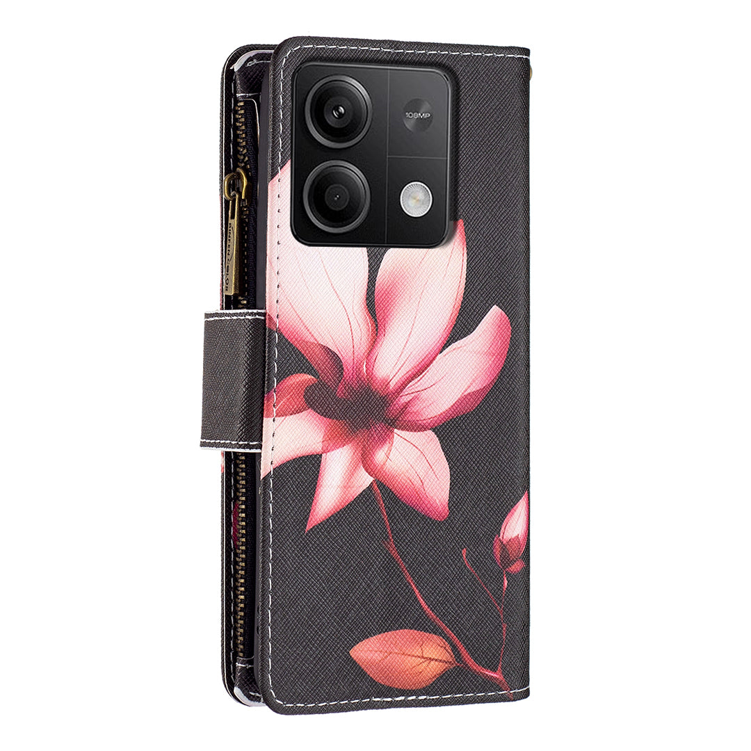 BF03 For Xiaomi Redmi Note 13 4G Zipper Leather Flip Cover Pattern Printed Phone Case Handbag - Lotus