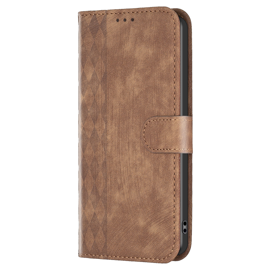 For Xiaomi Redmi Note 13 4G Magnetic Flip Cover Grid Imprinted Leather Phone Case - Brown