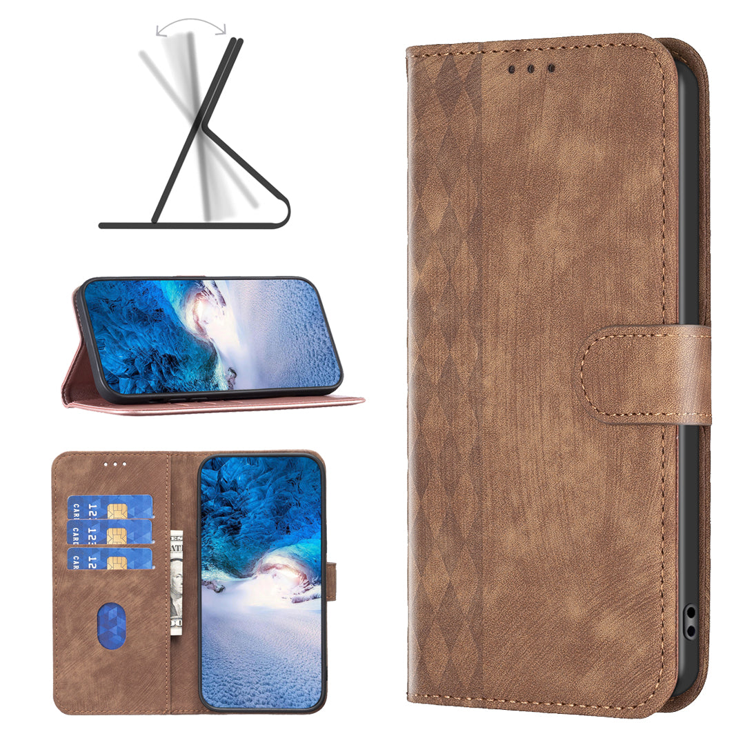For Xiaomi Redmi Note 13 4G Magnetic Flip Cover Grid Imprinted Leather Phone Case - Brown