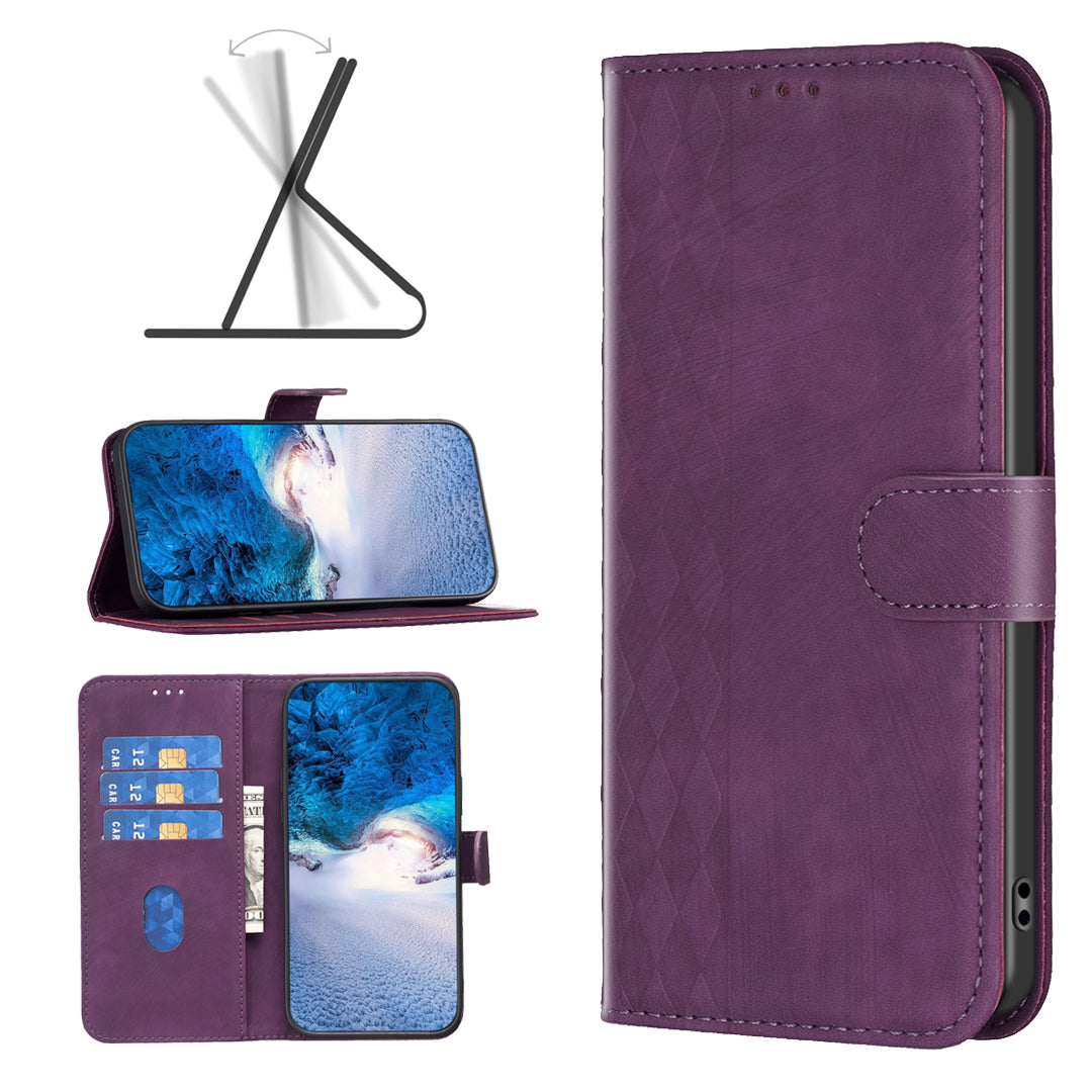 For Xiaomi Redmi Note 13 4G Magnetic Flip Cover Grid Imprinted Leather Phone Case - Purple