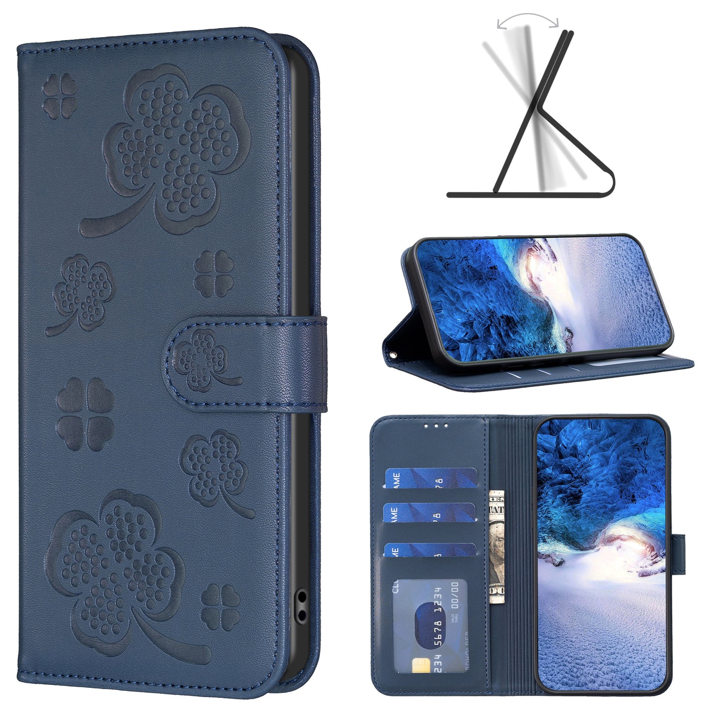 For Xiaomi Redmi Note 13 4G Clover Leather Case Folio Stand View Phone Cover - Blue