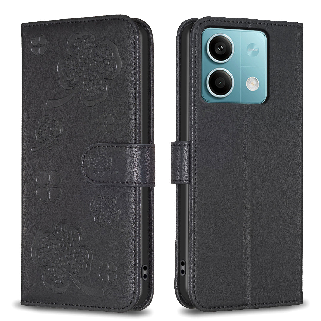 For Xiaomi Redmi Note 13 4G Clover Leather Case Folio Stand View Phone Cover - Black