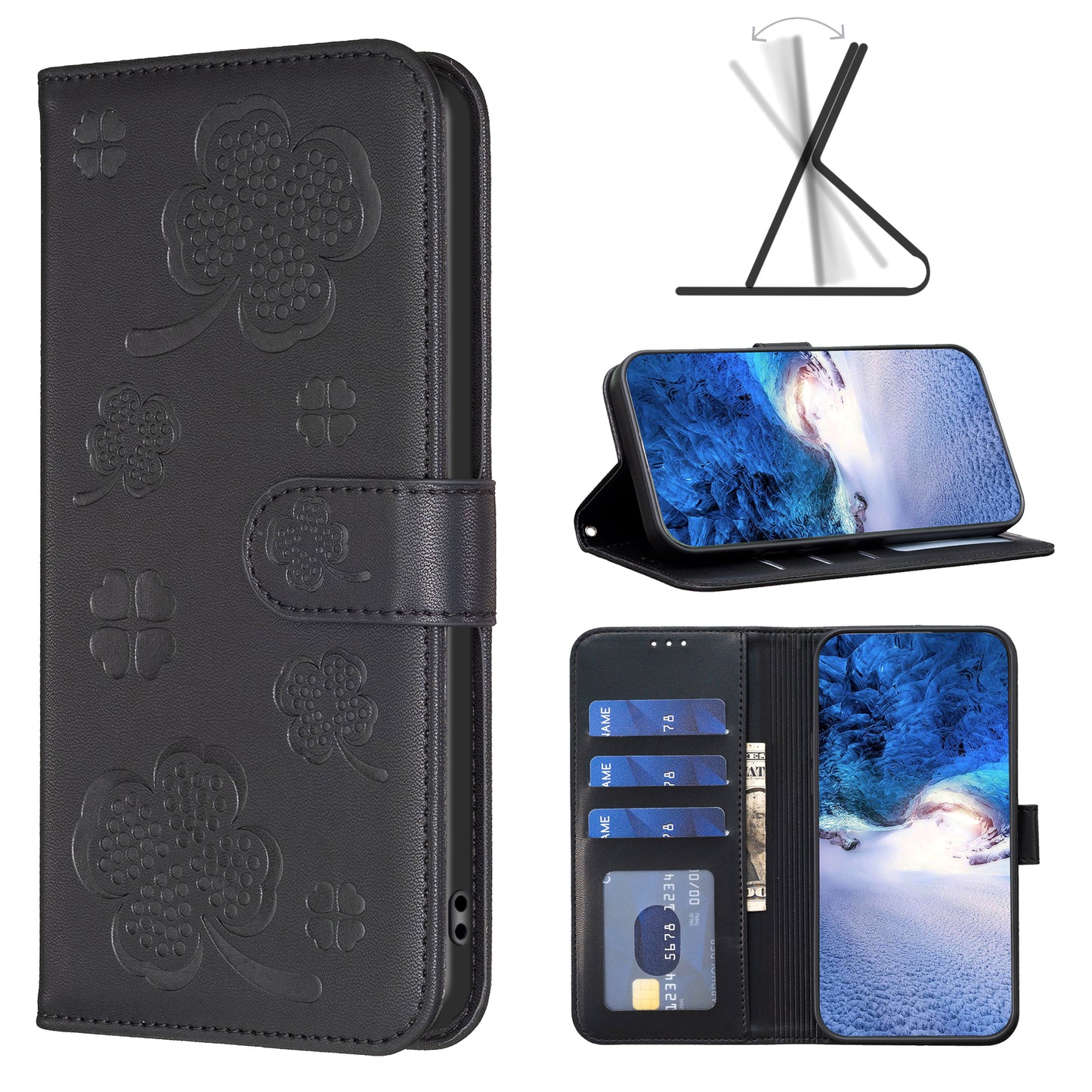 For Xiaomi Redmi Note 13 4G Clover Leather Case Folio Stand View Phone Cover - Black