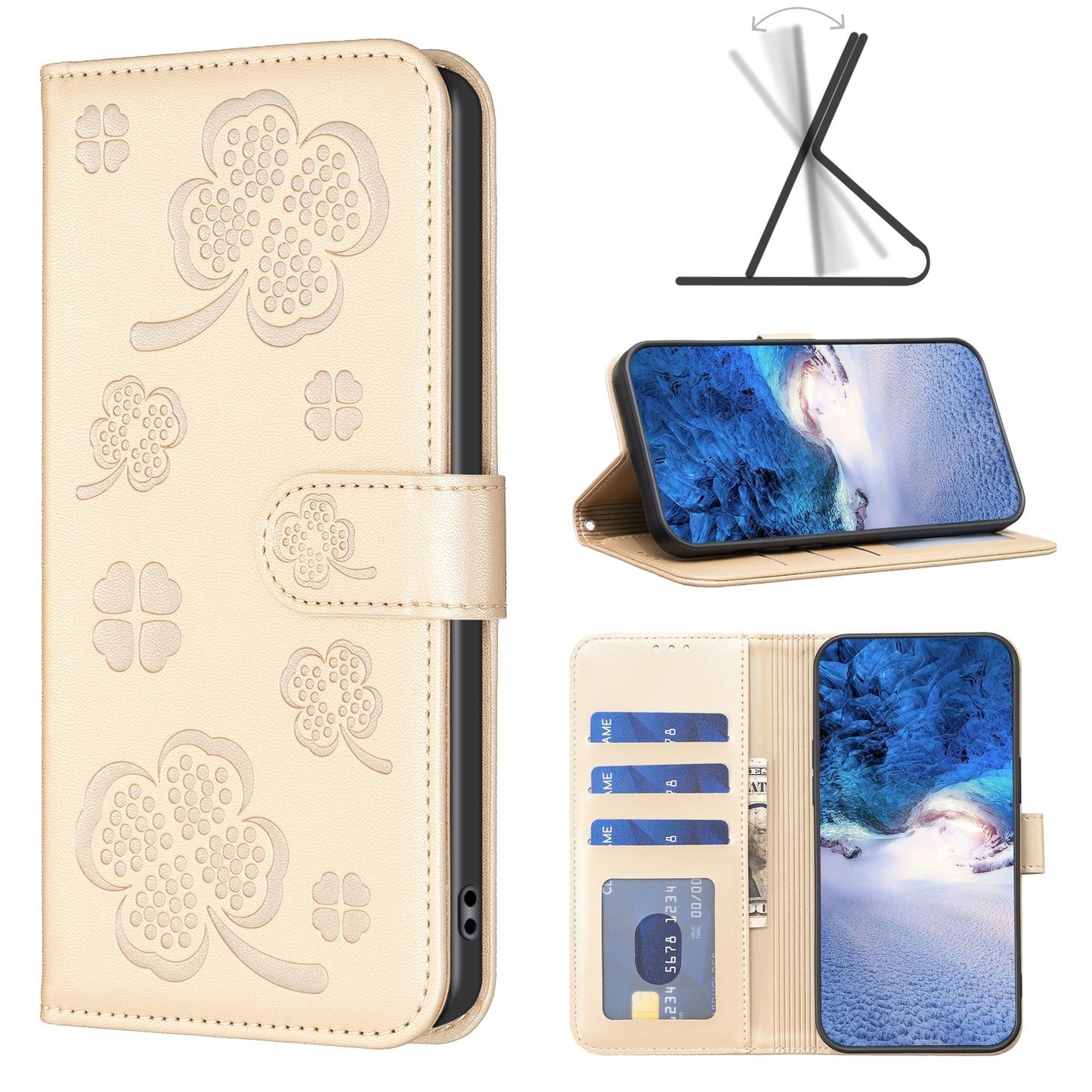 For Xiaomi Redmi Note 13 4G Clover Leather Case Folio Stand View Phone Cover - Gold
