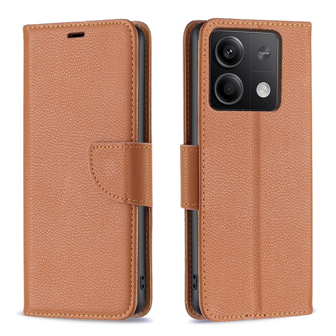 For Xiaomi Redmi Note 13 4G Case PU Leather Litchi Texture Phone Cover Magnetic Closure - Brown
