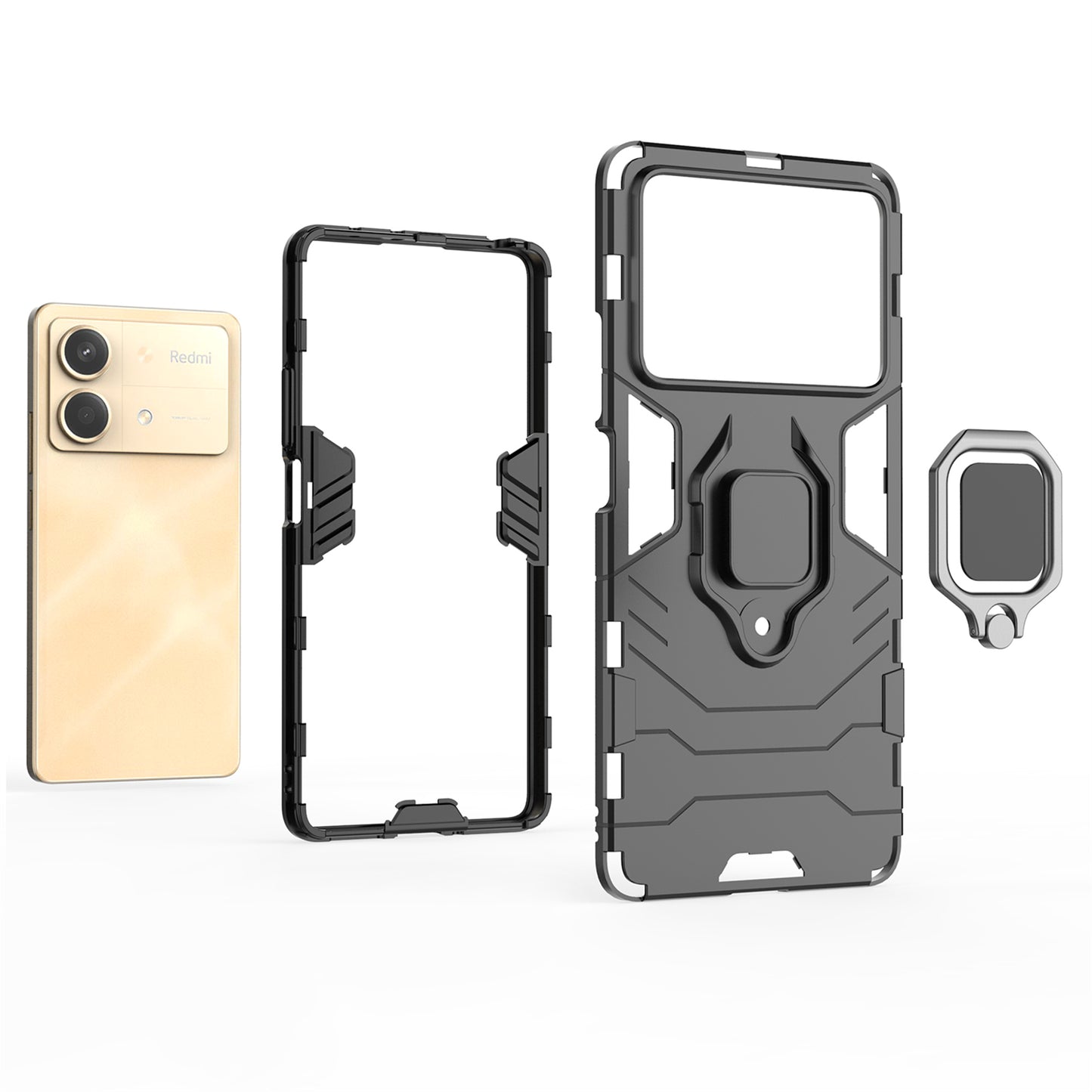 For Xiaomi Redmi Note 13R Pro 5G Case PC + TPU Phone Cover Ring Kickstand - Black