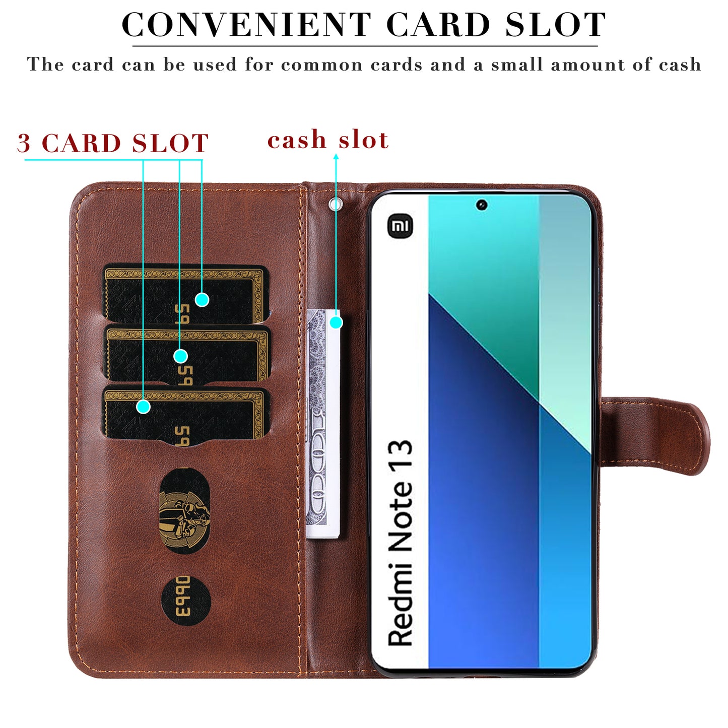 For Xiaomi Redmi Note 13 4G Wallet Case Zipper Pocket PU Leather Phone Cover - Brown