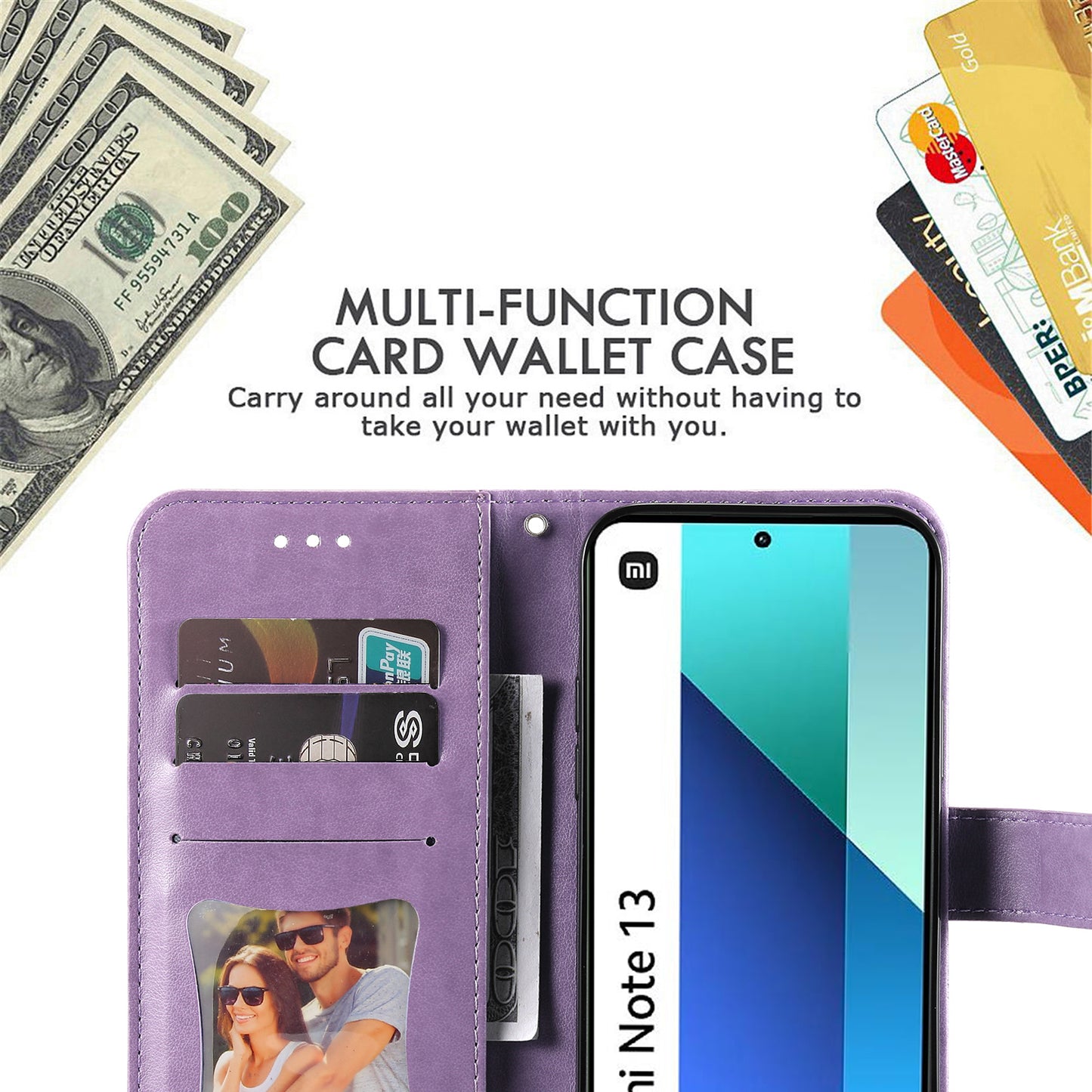 For Xiaomi Redmi Note 13 4G Cover Imprinted PU Leather Flip Stand Phone Case - Purple