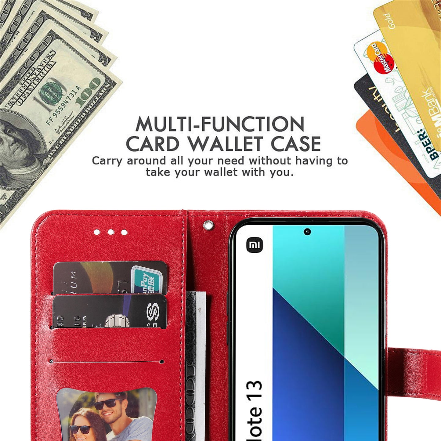 For Xiaomi Redmi Note 13 4G Cover Imprinted PU Leather Flip Stand Phone Case - Red